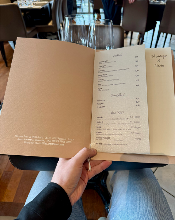 Carte des boissons Place 31 - Papeterie haut de gamme horeca