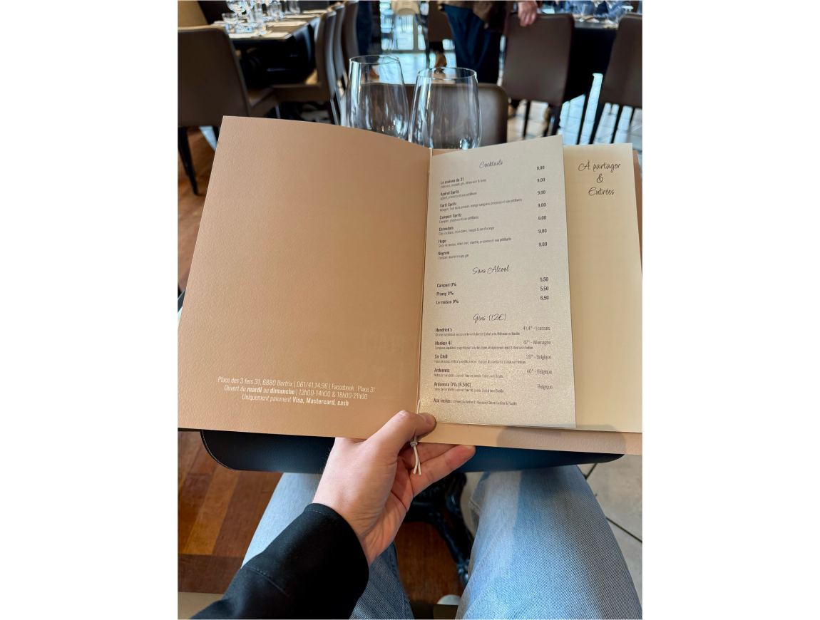 Place 31 - Réalisation menu restaurant Jeune Pousse Bertrix