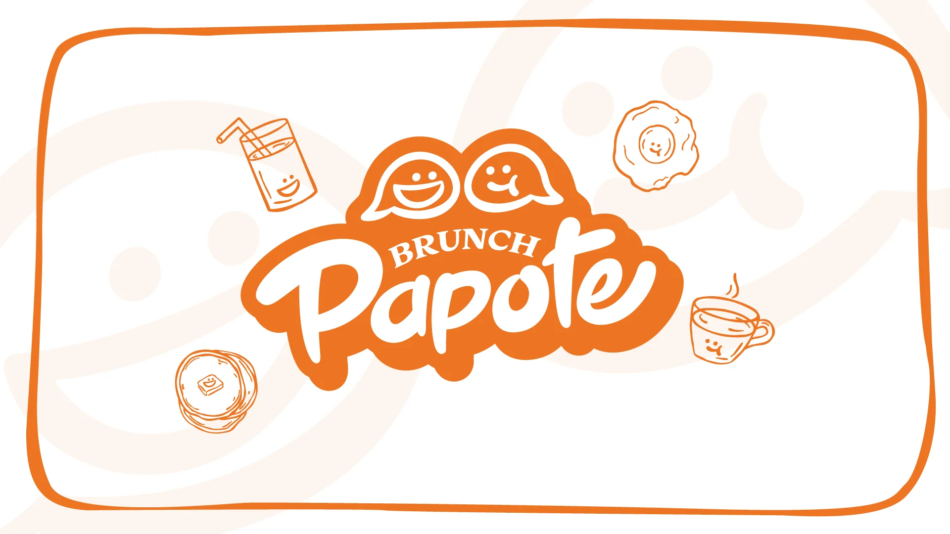 Logo Papote - Brunch en orange avec 4 illustrations : un verre, un oeuf, un pancake et un thé