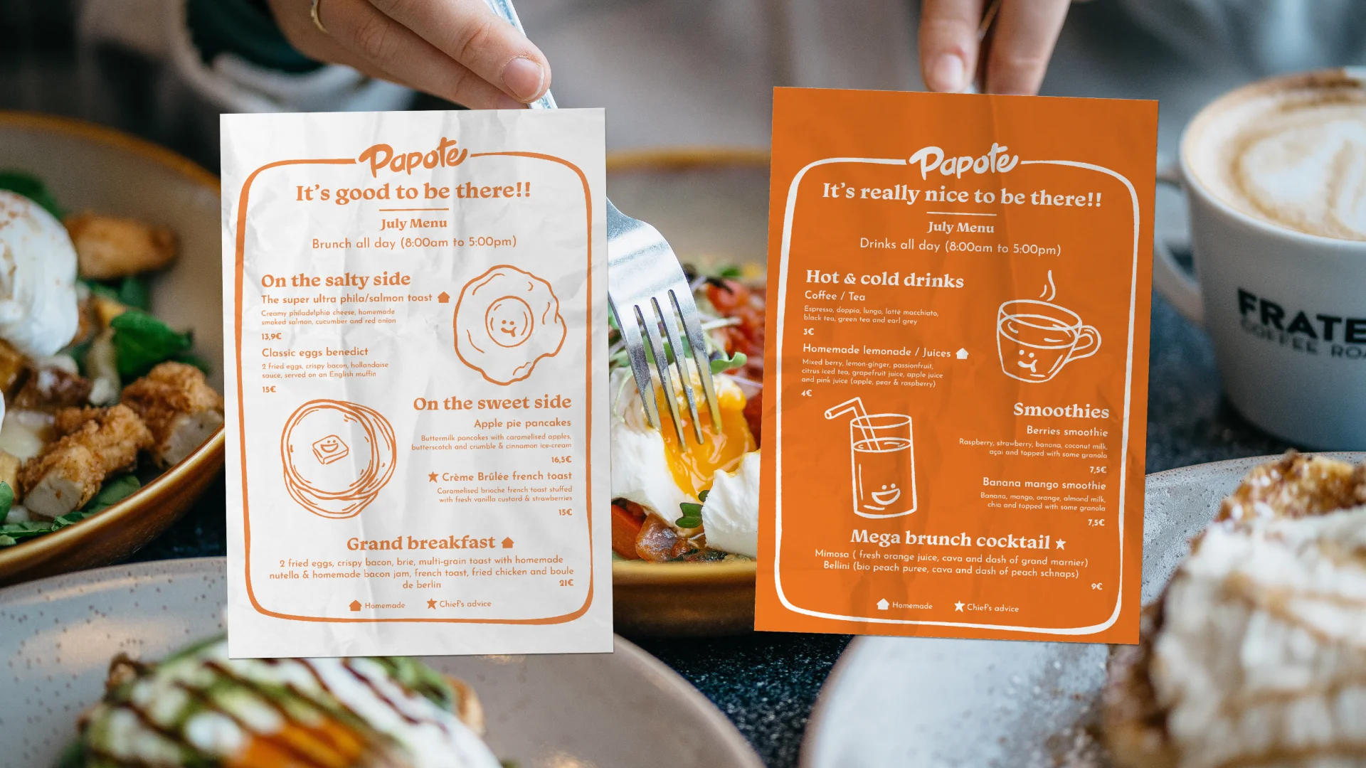 Menu de Papote - Brunch mise en scène avec une image de brunch en arrière plan 